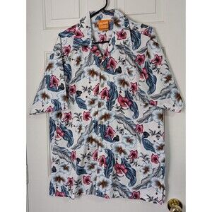 VTG Dolphino Hawaiian Shirt Mens Large White Floral Aloha Tropical Beach 90s